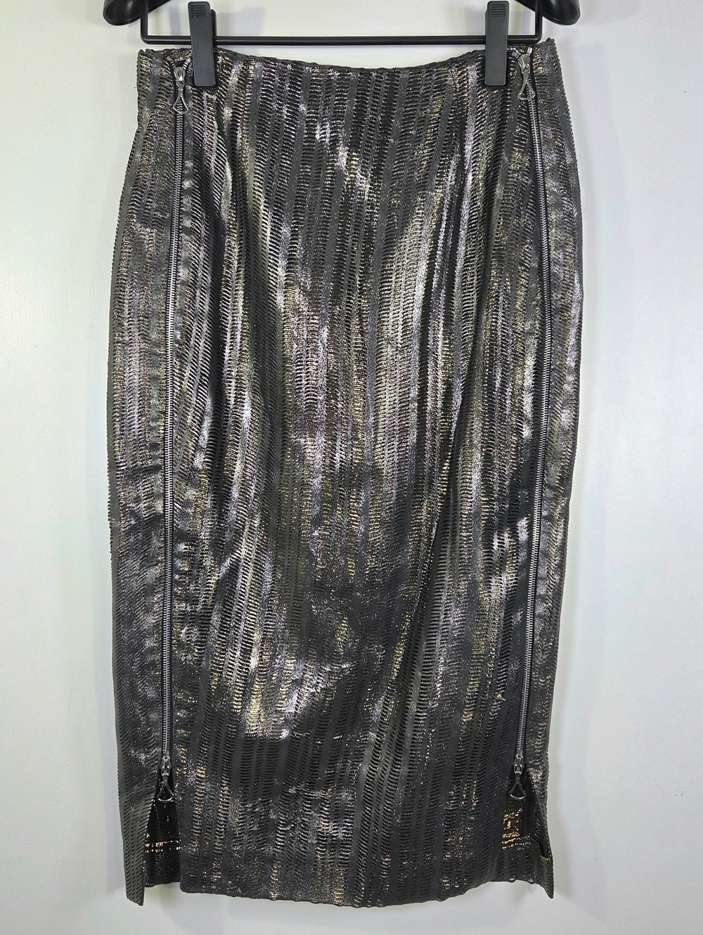 RARE ARCHIVAL ALEXX BROWN LASER CUT METALLIC LIQUID METAL MIDI SKIRT.